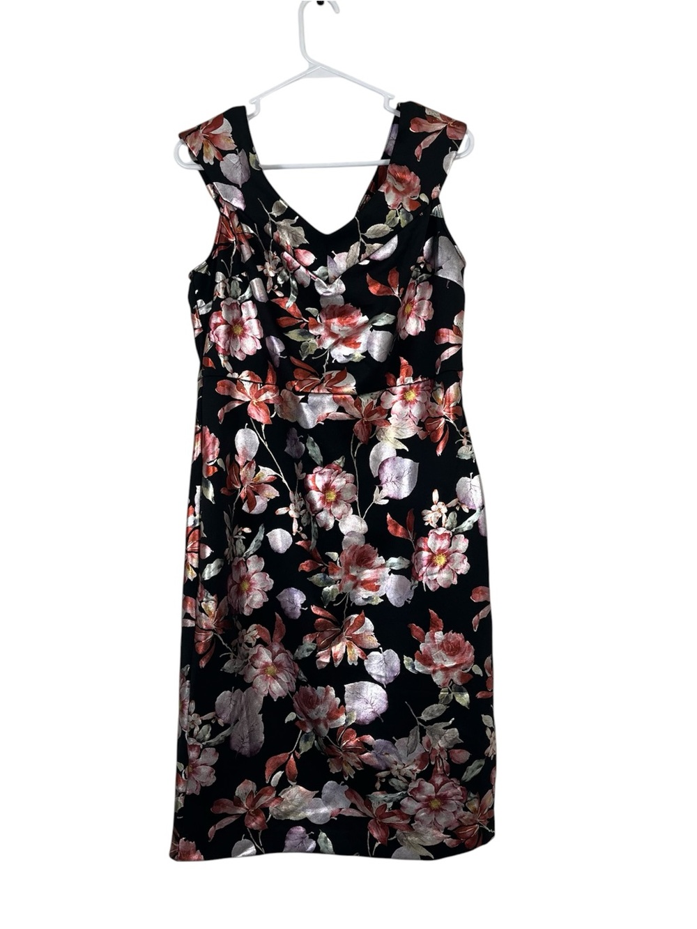 New York & Company Black Floral Midi Dress with red  & Silver Blooms large